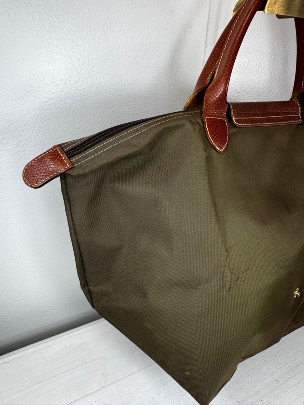 Longchamp Le Pliage Large Tote Olive Green Nylon Brown Leather Authentic - Picture 5 of 15